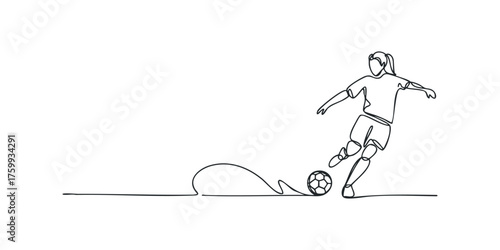 Continuous line drawing of a female soccer player kicking a ball