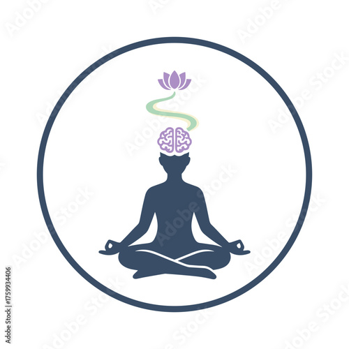 Mindful Meditation Vector Illustration – Lotus, Brain and Energy Flow Symbolizing Mental Clarity and Inner Peace
