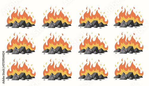 Burning Coal Set with Realistic Bright Flame and Glowing Charcoal Heaps for Grills, Fireplaces, BBQ Designs, and Hot Carbon Vector Illustrations