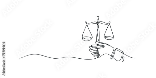 Single line drawing of hand holding scales of justice