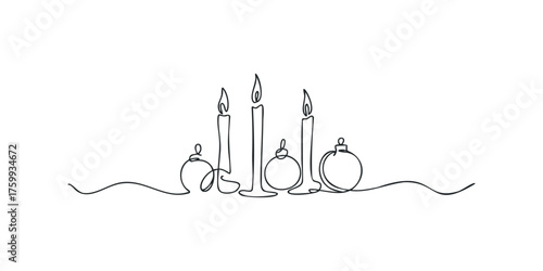 Single Line Drawing of Lit Candles and Ornaments