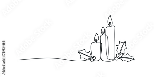 Three lit candles and holly with berries minimalist line drawing