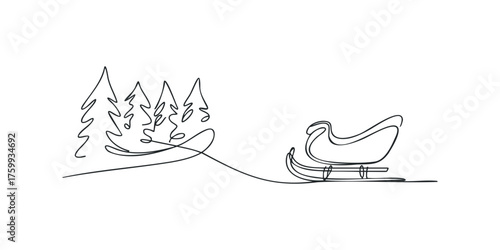 Line art drawing of a sleigh and evergreen trees in snow