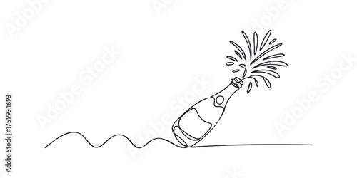 One line drawing of champagne bottle exploding with celebratory splash
