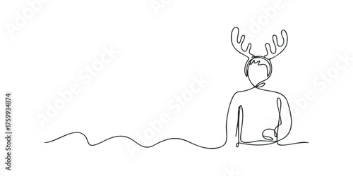 Single line drawing of a person wearing reindeer antlers