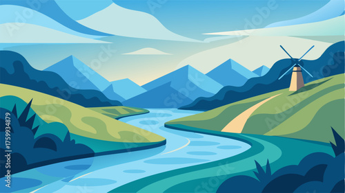A gentle stream winds its way through the rolling hills with the windmills blades reflecting off its serene surface creating a tranquil scene.