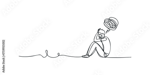 Line drawing person sits with head in hands expressing distress