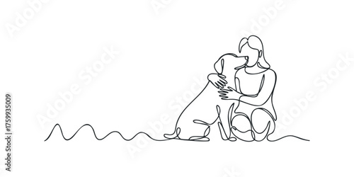 Person embracing a dog with continuous line drawing style