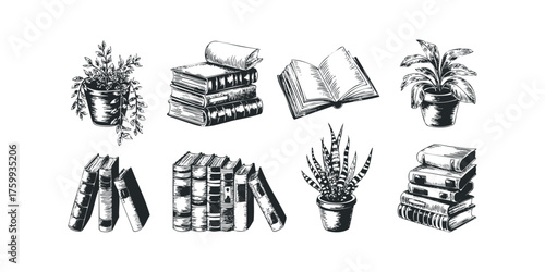 Potted plants and stacked open closed books collection