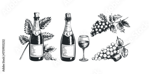 Sparkling Wine Bottle with Grapes and Glass