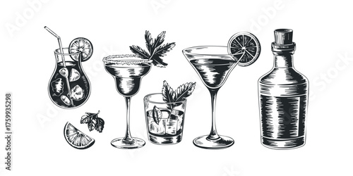 Variety of Cocktails and Liquor Bottle