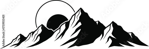 Mountain range with sun isolated on white background a majestic landscape illustration featuring jagged peaks and a radiant sun, perfect for adventure, nature, and outdoor themes ideal for logos and d