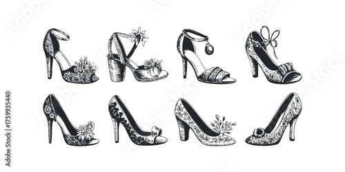 Collection of ornate high heel shoes with floral and decorative elements
