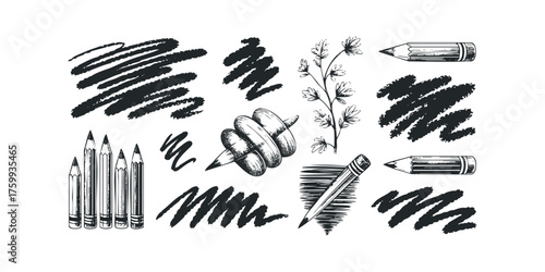Pencil sketches and scribbles on white background