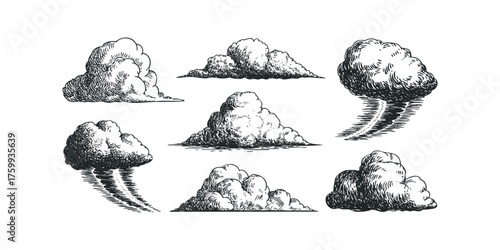 Collection of drawn cumulus and stratus clouds with hatching