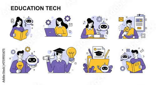 Vector art of education technology concept with people and robots