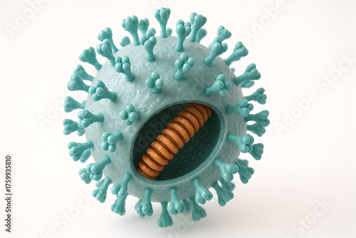 Photorealistic 3D medical illustration of Respiratory Syncytial Virus (RSV), spherical enveloped virion with glycoprotein spikes (F and G) and internal helical nucleocapsid, accurate ultrastructure