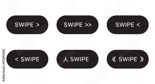 Collection of six black oval buttons with white text indicating swipe in various directions isolated on transparent background