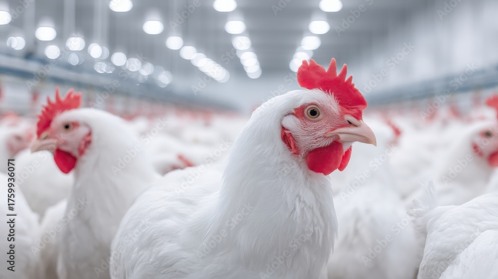 Fototapeta premium Smart livestock system, A flock of white chickens in a well-lit poultry barn, showcasing their distinctive features and the organized environment in which they are raised.