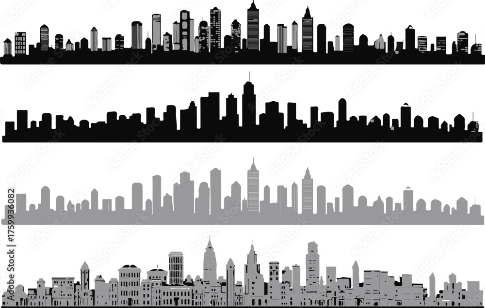 Obraz premium minimal urban skyline set four horizontal vector silhouettes detailed and simplified cityscape variations ai eps jpeg png