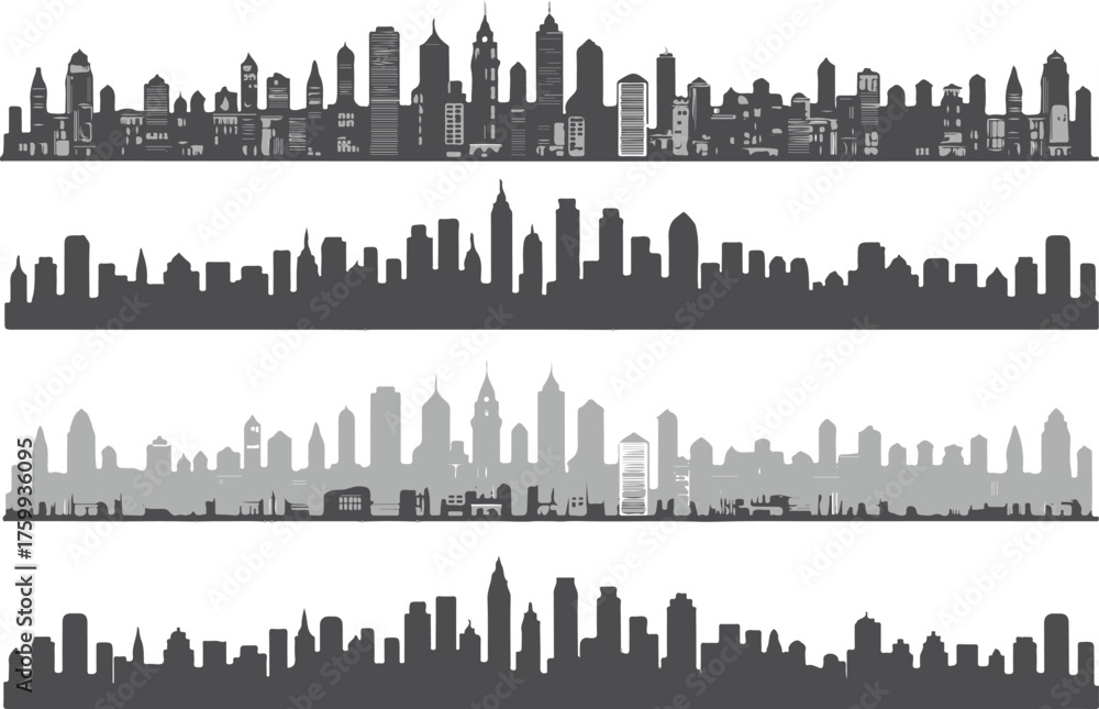 Fototapeta premium city skyline silhouettes horizontal vector pack four styles detailed solid and shaded urban skyline ai eps jpeg png