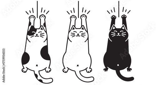Three cartoon cats hanging from claws isolated on transparent background