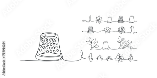 Continuous line drawing of sewing thimble and floral motifs