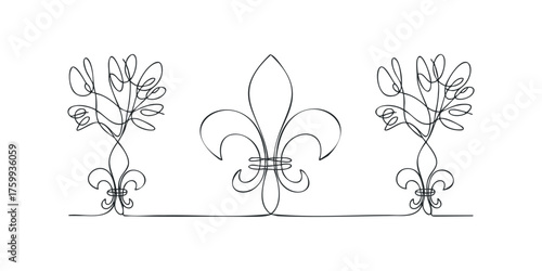 Fleur de lis and floral motif in continuous line drawing