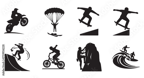 Silhouettes of extreme sports athletes performing various stunts isolated on transparent background