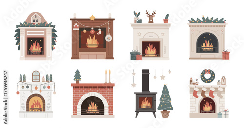Christmas Fireplace Set with Stockings, Gifts, Candles, and Fir Decorations for Cozy Winter Holidays and Warm Home Interior Scenes in Flat Vector Illustration Style