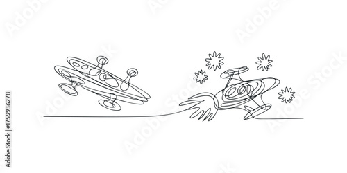 Two abstract rocket ships in continuous line art style