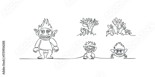 Whimsical line art drawing of playful cartoon trolls