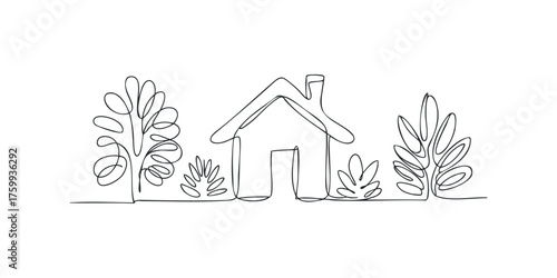 Continuous line drawing of a simple house with surrounding plants