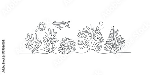 Abstract single line drawing of marine life and flora