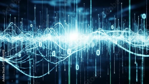 Glowing digital abstract with data flow. Light streaks, binary code and wave lines create visual data