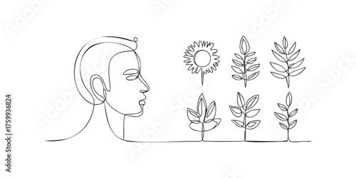 Continuous line drawing of profile face and botanical motifs