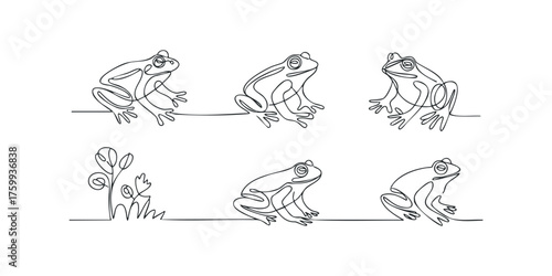 Six frogs drawn with single continuous line art