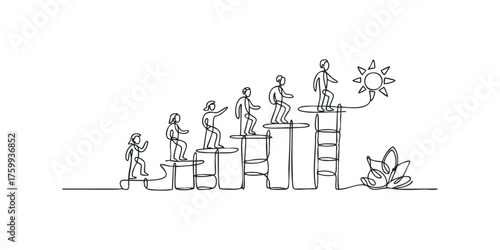 People climbing steps towards sun