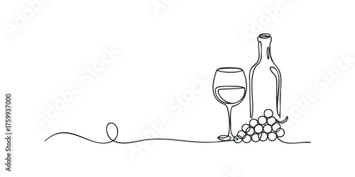 Continuous line drawing of wine bottle glass and grapes