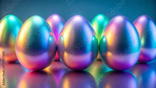 A row of iridescent easter eggs with a metallic sheen reflecting vibrant rainbow colors against a dark background