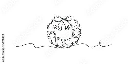 Continuous line drawing of festive Christmas wreath with bells