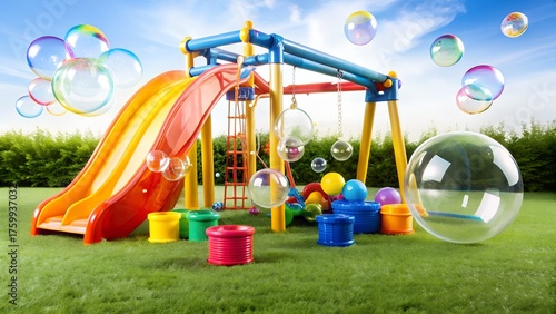 Vibrant outdoor playground with colorful slides swings and buckets surrounded by floating iridescent bubbles on a sunny day