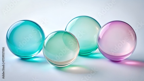 Four translucent oval shaped glass objects in pastel shades of blue green and pink arranged on a light surface