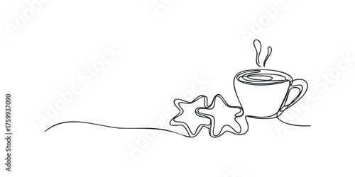 Single Line Drawing of Hot Beverage in Cup with Star Cookies
