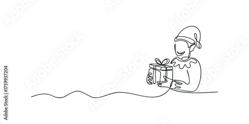 Single line drawing of a joyful elf holding a gift box