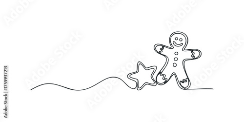 Gingerbread man and star cookie continuous line drawing