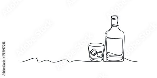 Line drawing of whiskey bottle and ice filled glass