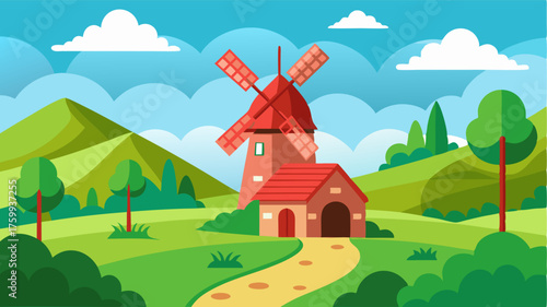 A charming countryside scene is completed by the presence of a majestic windmill its bright red roof contrasting against the lush green landscape.