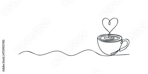 Single Line Drawing of Coffee Cup with Heart Steam