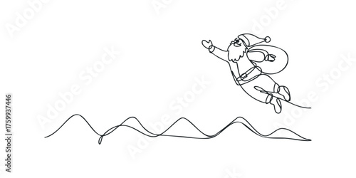 Minimalist drawing of Santa Claus jumping with a gift sack